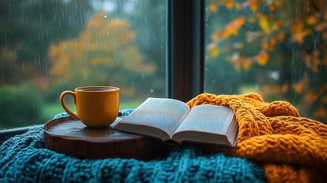 A dreamy scene with a cup of coffee on a small table, an open book resting on a soft knit blanket, set against a large window with rain gently falling outside