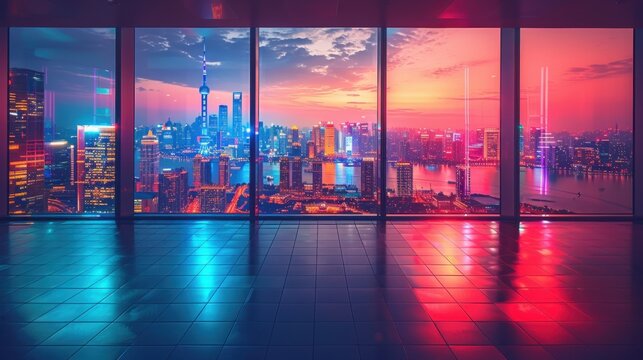 City skyline with vibrant lights, capturing the dynamic energy and lively atmosphere of the city. Perfect for illustrating urban nightlife and modernity.
