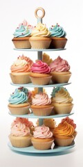 Colorful Cupcake Stand with Racked Cupcake and Frosting, Isolated on White Background. Perfect for decorating your party or events