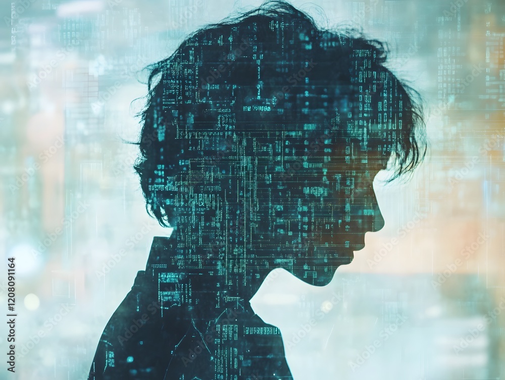 Aufkleber silhouette of child with digital transformation elements showcasing technology, data, and future inn
