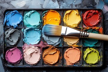 Colorful Paintbrushes on a Vibrant Artist's Palette