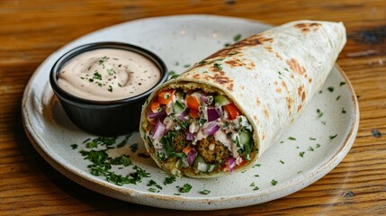 A neatly plated falafel wrap cut in half and served with a side of tahini