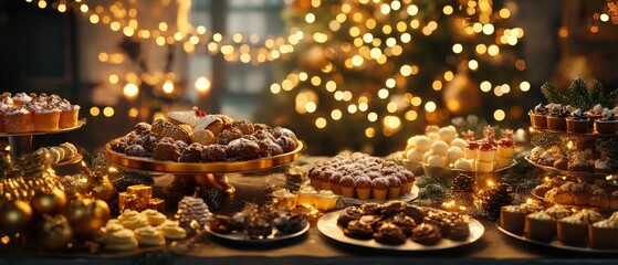 Festive dessert display holiday gathering food presentation cozy atmosphere close-up seasonal indulgence