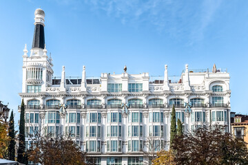 Front view of ME Madrid Reina Victoria Hotel located at Plaza de Santa Ana in Madrid featuring its...