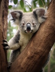 Obraz premium Curious Koala. Gray Australian marsupial in Brisbane Zoo. Cute Mammal fauna with curious expression