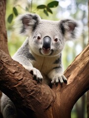 Fototapeta premium Curious Koala. Grey Marsupial of Australian Fauna in Brisbane Zoo
