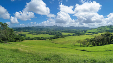 Obraz premium Expansive Green Hills Under Bright Blue Sky with Puffy White Clouds and Distant Mountains in Lush Rural Landscape