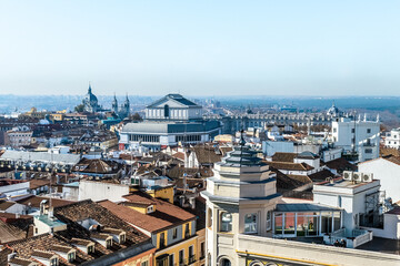 A panoramic view of Madrid showcasing the Royal Palace, Almudena Cathedral, and Teatro Real, Spain....