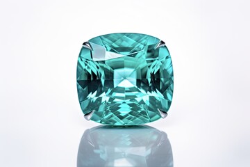 Fototapeta premium Cushion-Cut Portuguese Paraiba Tourmaline: A Rare Gemstone for Precious Jewellery, Isolated on White Background with Faceted Design, Carat Weight, and Stunning Shape