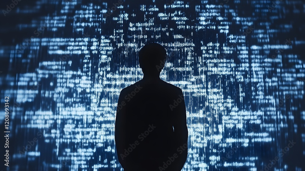 Aufkleber Silhouette of a Person Against a Dynamic Digital Background Representing Data Flow and Technology Innovations in a Conceptual Visualization of the Future