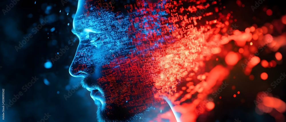 Poster profile of a thoughtful man surrounded by digital patterns of blue and red light, symbolizing techno