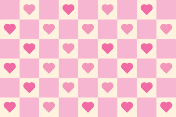 A charming retro groovy pink and cream checkerboard pattern adorned with heart shapes, perfect for Valentine's Day or romantic designs.