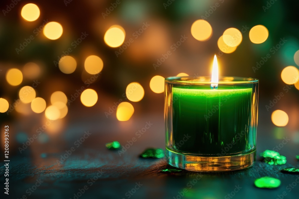 Aufkleber glowing green candle illuminates a cozy space with golden bokeh lights in the background during an e