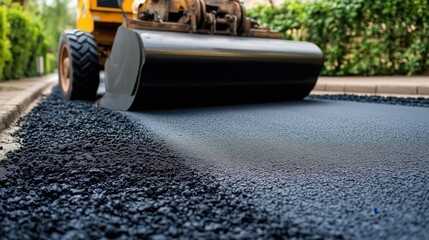 In a quiet neighborhood, the roller’s steady hum echoes as it flattens the black asphalt, ensuring a polished, uniform finish.