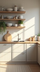 Light Home Kitchen Interior With Bar Counter, Sink And Kitchenware With Shelves