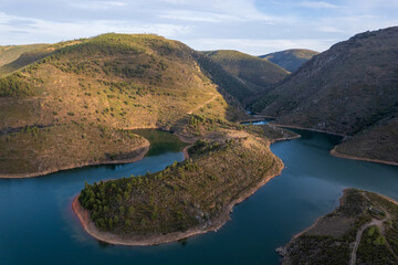 Amazing abstract landscape of Sabor lake, Tras os Montes  Portugal. Drone vision, aerial view of Serpente do Medal, Sabor River, tourist attraction and travel destination in Northern Portugal.