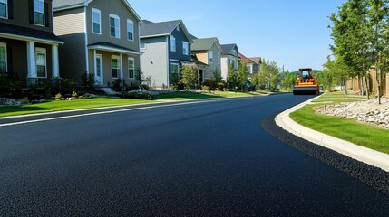 In a quiet neighborhood, the roller’s steady hum echoes as it flattens the black asphalt, ensuring a polished, uniform finish.