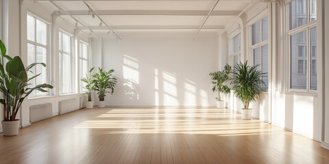 Fototapeta premium Empty white room with a wooden floor and plants