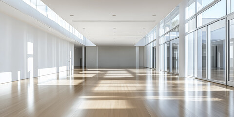Fototapeta premium Empty white room with a wooden floor, large windows, and natural light streaming in, emphasizing minimalism and openness