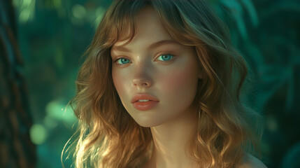 Fototapeta premium young woman with soft caramel highlights in her wavy hair, glowing fair skin, and ice-blue eyes,