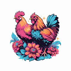 vector rooster and hen with white background