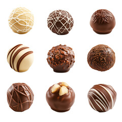 Collection set of chocolate truffles, pralines isolated on white background