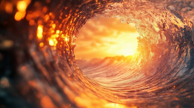 As the wave rises, the golden sunlight streams through its translucent barrel, creating a mesmerizing blend of light and liquid motion.