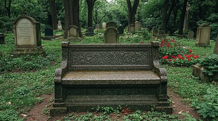 Stone bench in a lush cemetery with gravestones and flowers