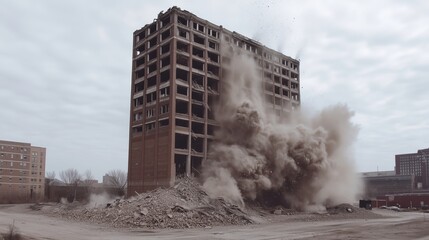 The tall brick structure crumbles in a precisely orchestrated collapse, dust billowing as the controlled demolition takes effect.
