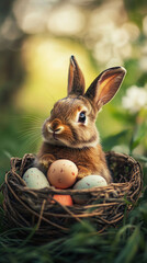Charming brown rabbit sitting in a wicker nest with colorful Easter eggs on lush green grass, surrounded by soft natural light.