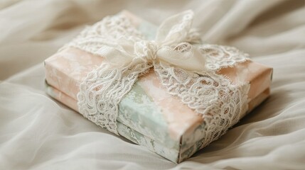 A pastel-themed wedding favor wrapped with delicate lace, resting on a neutral background