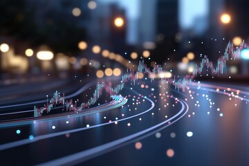 Digital stock market graph over a cityscape at night with glowing financial data points. Innovation in market analytics.