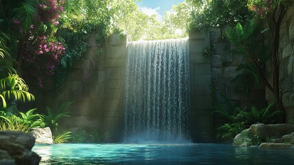 Majestic Waterfall Cascading into a Clear Pool Surrounded by Nature