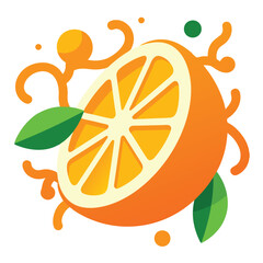 A stylized, graphic illustration of an orange slice, with juice splashes and leaves, set against a bright white background