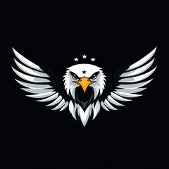 Fototapeta premium Eagle facing front with spread wings and three stars above head, on solid dark background