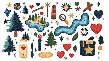 Naklejka premium A whimsical collection of hand-drawn nature and adventure elements.