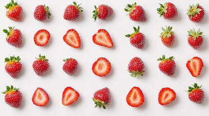 Assorted Strawberries Whole and Sliced Portions on White Background