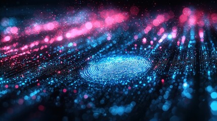 Abstract digital fingerprint on dark background with glowing lights