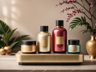 Cosmetic bottles and tubes in traditional asian style mockup. Natural ingredients products with blank golden labels. Chinese New Year gift commercial
