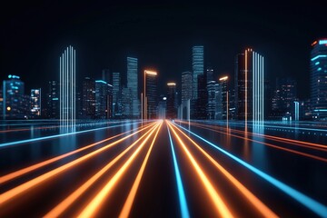 Fototapeta premium Night city view with glowing light trails and skyscrapers in the background. Modern urban life and technological innovation