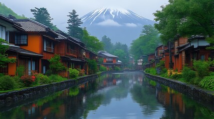 Fototapeta premium Serene Canal Town View Majestic Fuji Mountain Background