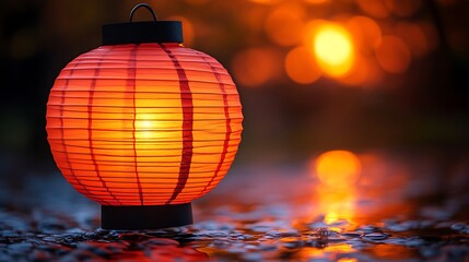 Obraz premium Illuminated Red Paper Lantern Near Water At Sunset