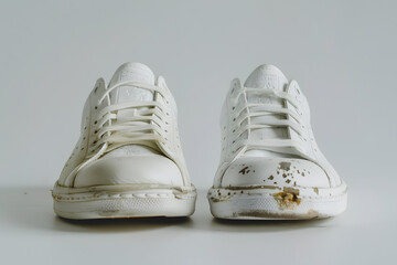 A pair of old dirty white sneakers isolated on white background