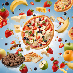 Uma ilustra&ccedil;&atilde;o vibrante de frutas flutuando e caindo de forma silenciosa, isolada em um fundo branco ou transparente. As frutas, como ma&ccedil;&atilde;s, laranjas, bananas, morangos e uvas, est&atilde;o especificamente r