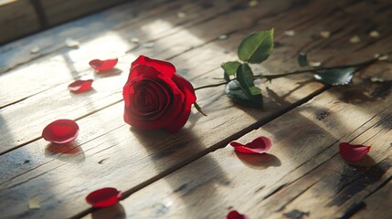 Elegant Red Rose on Wooden Surface with Petals and Soft Lighting