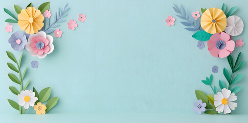 Obraz premium Framework for congratulation with different colored blossoms flowers, in paper cut style