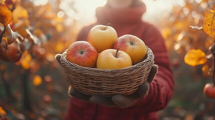 A person carrying a basket of fresh apples in an orchard with blurred trees