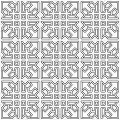 Symmetrical black line art creates a seamless geometric pattern on a white background. Ideal for coloring books, artistic designs, or backgrounds.