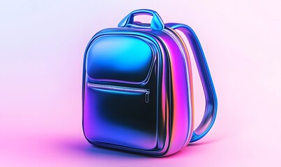 Fototapeta premium Iridescent backpack, studio shot, colorful background, school supplies