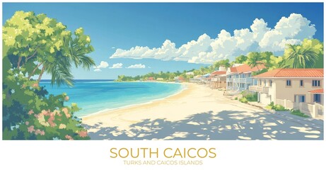 South caicos Turks and caicos islands Travel Poster Flat Illustration Print Decor Gift Canvas Wall Art